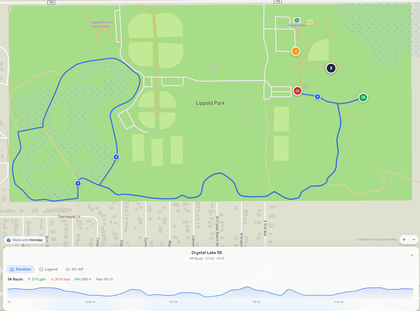 Example Hereday event map showing a 5K loop around Crystal Lake with start, water stop, sponsor, and finish markers
